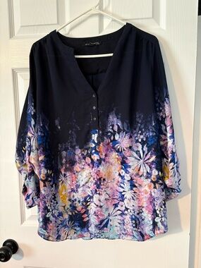 Sharagano Navy Floral V-Neck Tunic with Button Placket